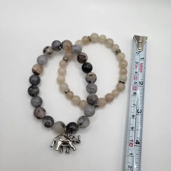 Agate Stretch Bracelet Set with Lucky Elephant Charm: - Picture 7 of 10